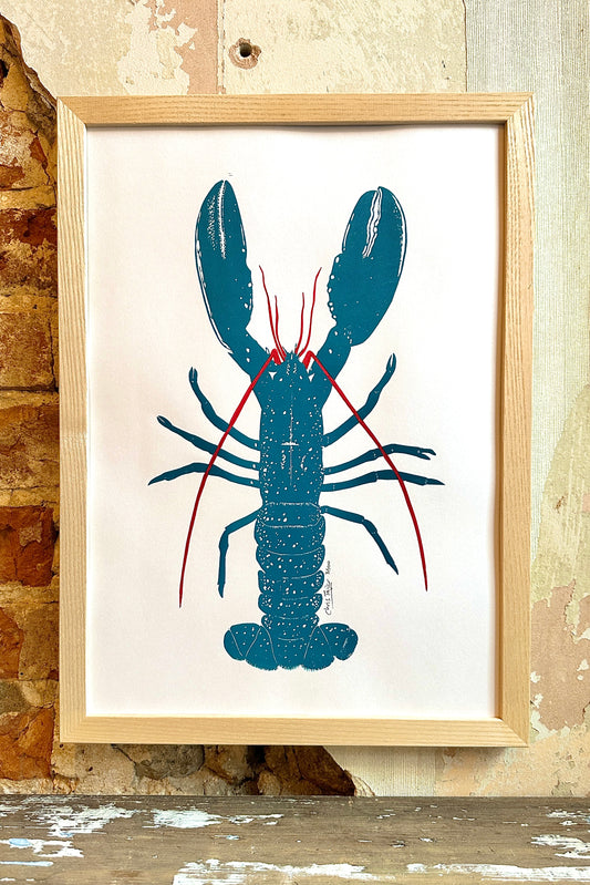 Blue Sheringham lobster -  two colour linocut print