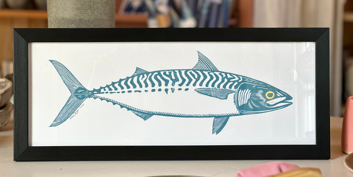 Single mackerel linocut print