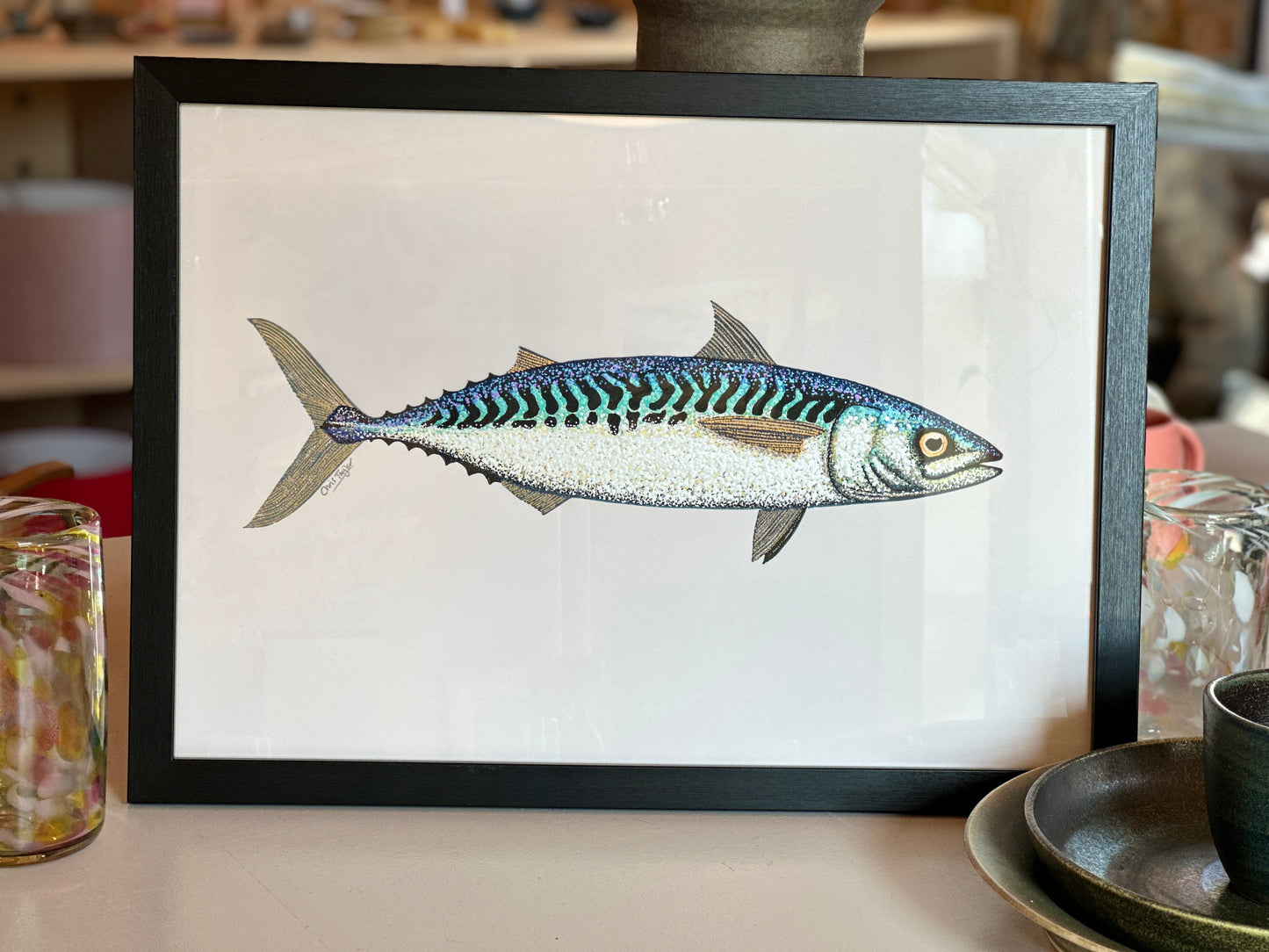 Norfolk mackerel -  mixed media print - linocut with watercolour paint dots