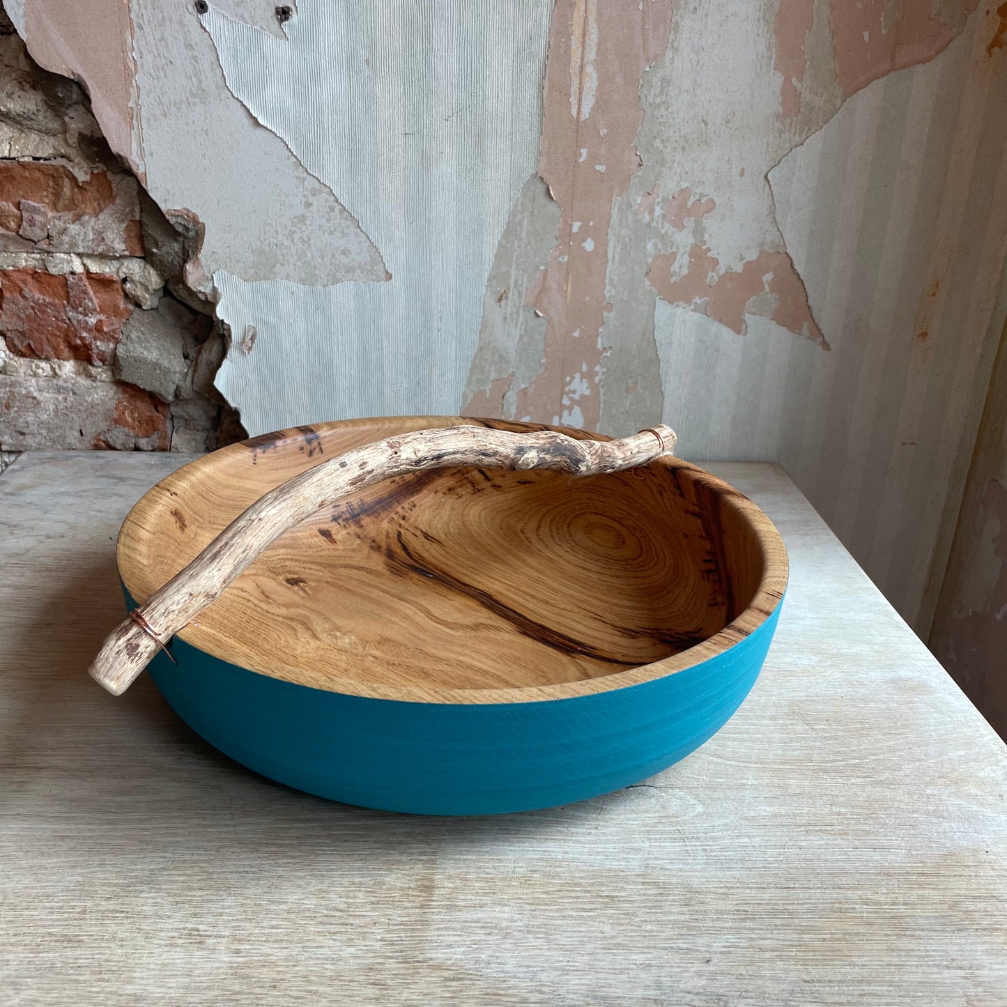 Oak bowl with foraged handle Verdigris #185