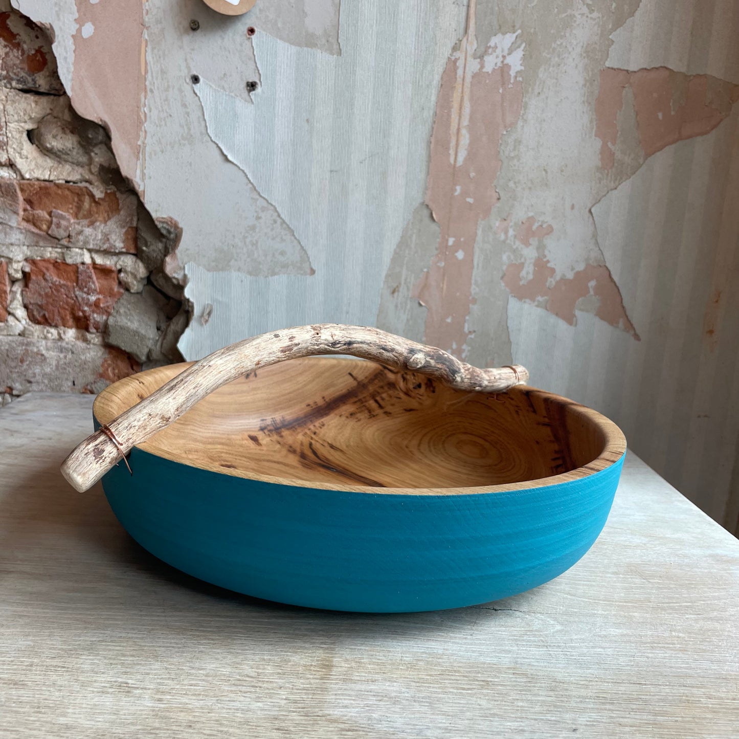 Oak bowl with foraged handle Verdigris #185