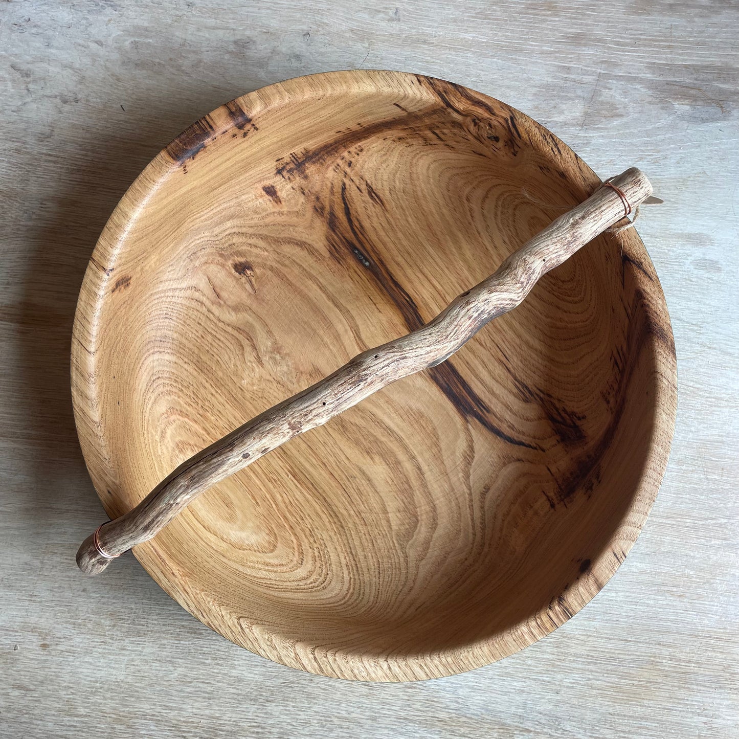 Oak bowl with foraged handle Verdigris #185